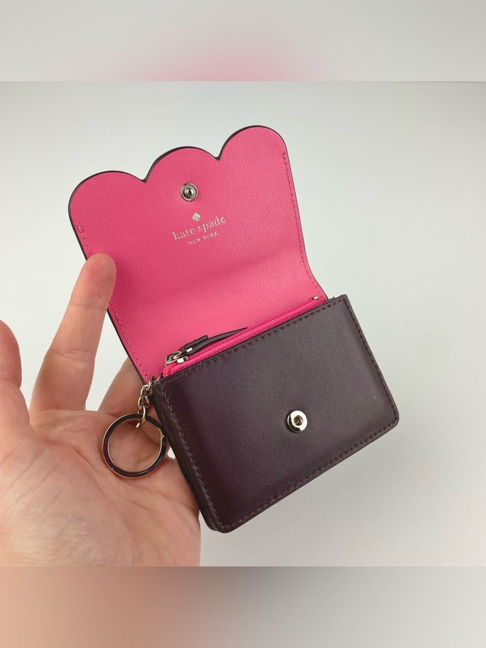 kate spade New York Plum Gemma Scalloped Card Mini Wallet w/ Key Ring ID Window - Picture 10 of 15
